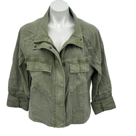 Evereve Camp Jacket Linen Women's SZ L Green Utility Military Cargo Streetwear - Picture 2 of 12